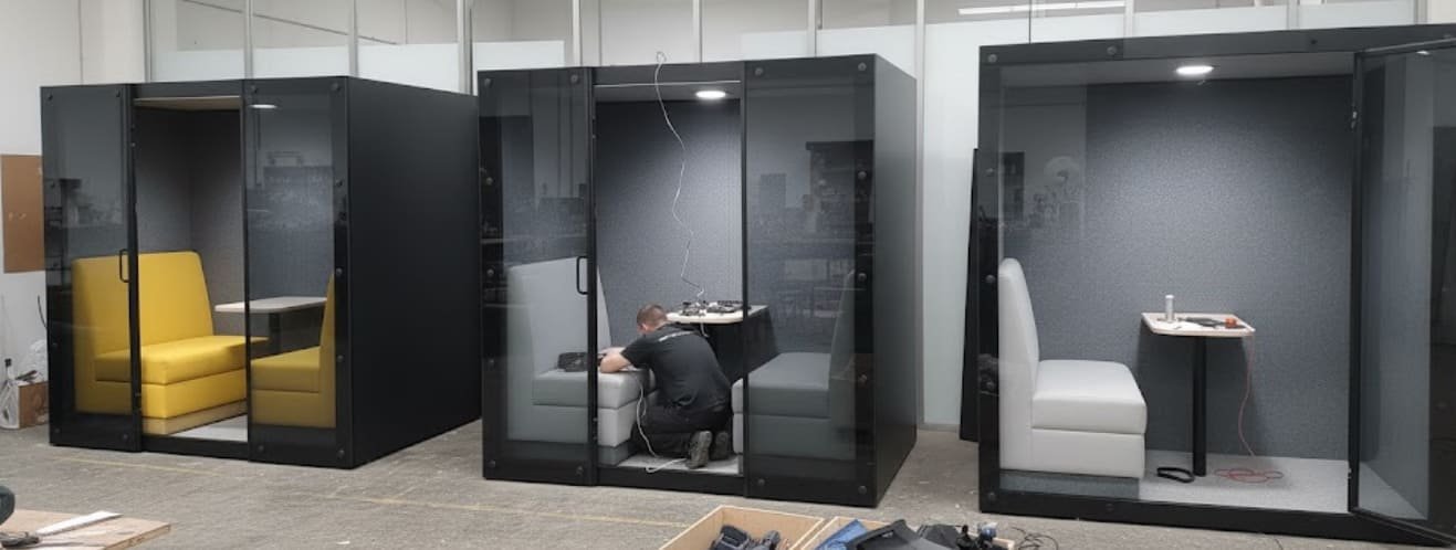 Процесс производства акустических переговорных кабин в цеху